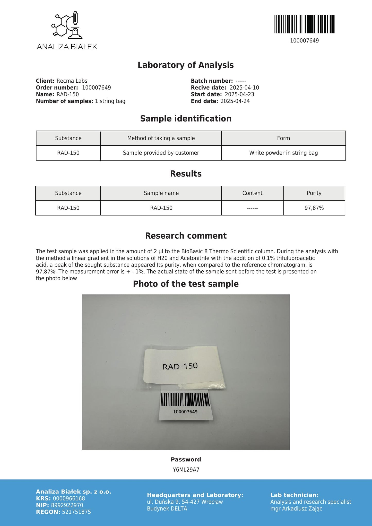 RAD-150 (TBL 150) Solution, 600 mg (20 mg/mL)